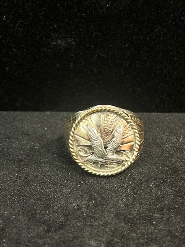 VINTAGE NAVAJO S. Ray STERLING & GOLD VERMEIL BALD EAGLE RING 11.1 GRAMS SIZE 12