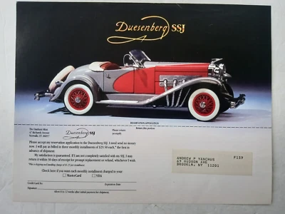 Danbury Mint 1935 DUESENBERG SSJ RESERVATION APPLICATION Form ONLY NO CAR! - Image 1 of 4