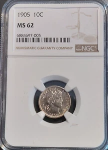 1905 Barber Dime 10c JUST GRADED UNC By NGC MS62 Slabbed Full Grade Antique Coin - Picture 1 of 4