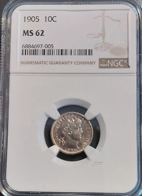 1905 Barber Dime 10c JUST GRADED UNC By NGC MS62 Slabbed Full Grade Antique Coin - Image 1 of 4