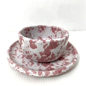 Vtg Bybee Pottery Pink Spongeware Cup Bowl Saucer Dish Kentucky BB Speckled - Picture 1 of 15