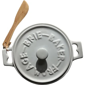 Round Stoneware Brie and Camembert Baker with Wood Spreader Spatula (White) - Picture 1 of 7