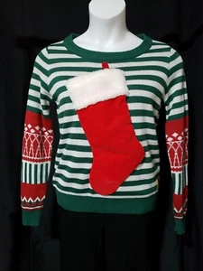 Tipsy Elves Feo Navidad Suéter Rayas Medias Sostiene Botella de Cerveza Talla M  - Imagen 1 de 4