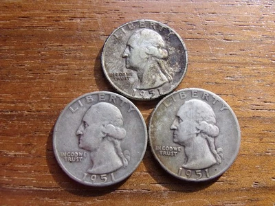 1951-P, D, S, WASHINGTON QUARTER'S 90% SILVER INVESTMENT SET NICE CIRC COND - Image 1 of 2