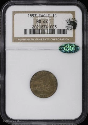 1857 1c Flying Eagle Small Cent NGC MS 62 CAC | UNC Eagle Eye Photo Seal - Image 1 of 4
