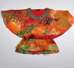Calessa Bluse Damen klein orange bunt Perlenausschnitt transparent Fledermaus Oberteil - Bild 1 von 15