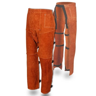 Pantalones de soldadura QeeLink - Protección de piernas de seguridad de cuero dividido resistente al calor y al fuego... Foto 1 de 4