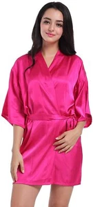 New Women's Satin Short Kimono Robe Dressing Gown Bridal Party Robe Belt Pink XL - Picture 1 of 2