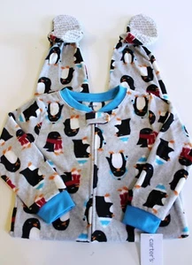 Carter's Boy's Fleece Footie Pajama Sleeper Size 5 Gray Blue Red Winter Penguins - Picture 1 of 4