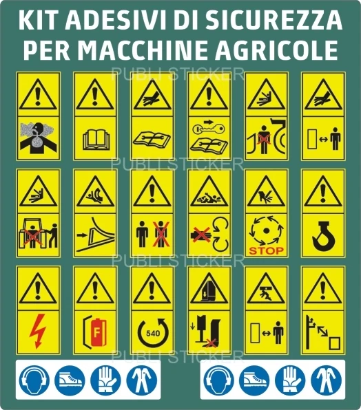 20 PITTOGRAMMI ADESIVI SEGNALE PERICOLO ISO 11684 MACCHINE AGRICOLE E FORESTALI - Immagine 1 di 1