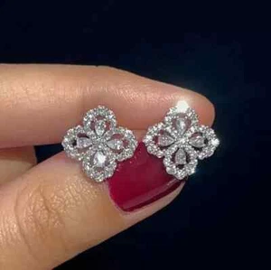 Flower Stud Earring 2Ct Pear Cut Lab Created Diamond 14k White Gold Plated - Picture 1 of 4
