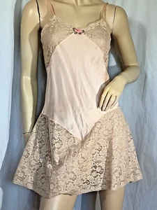 vintage Bloomer Slip romper 100% Silk flapper 1920s chemise Lace pink S negligee - Picture 1 of 11