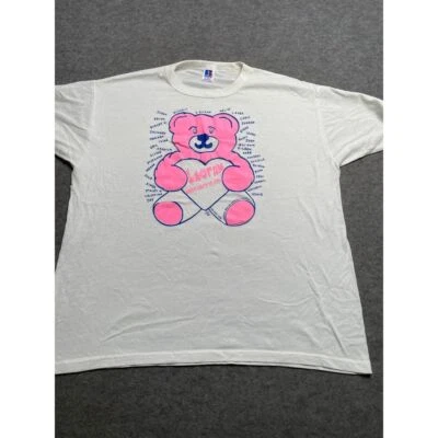Vintage Russell Athletic Pink Teddy Bear Graphic T-Shirt White Cotton Men's - Image 1 of 4