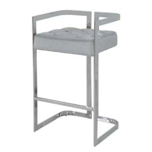 Grey Velvet Bar Stool with Backrest Chrome Stainless Steel Frame Modern - Picture 1 of 8