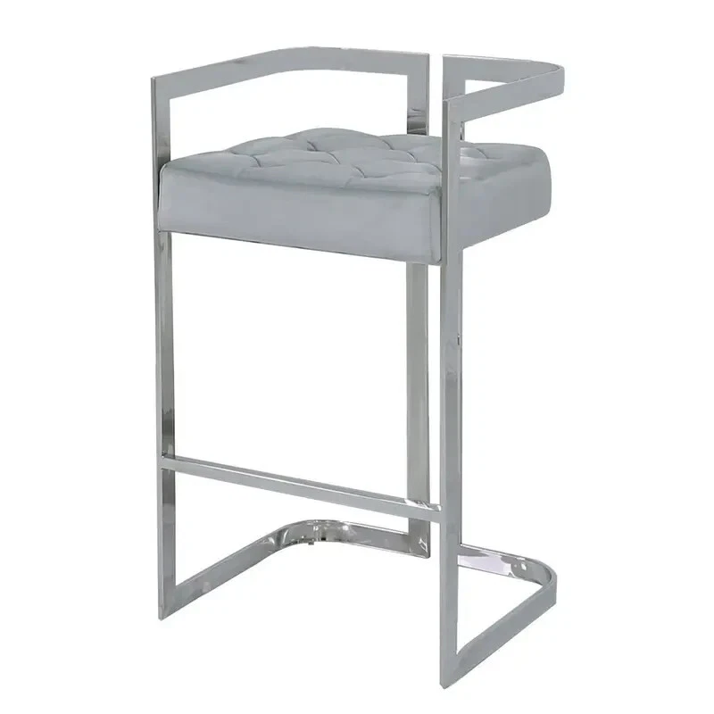 Grey Velvet Bar Stool with Backrest Chrome Stainless Steel Frame Modern - Image 1 of 4