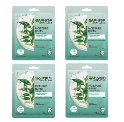 Garnier Moisture Bomb Green Tea Hydrating Face Sheet Mask 30ml Pack of 4 AU - Image 1 of 3