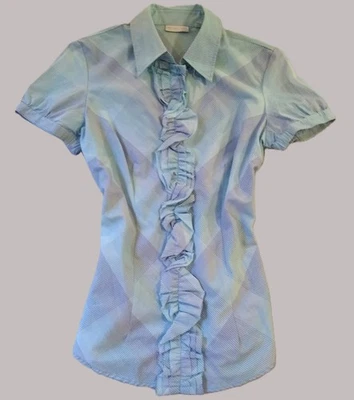 Short Sleeved Shirt Blue Plaid New York & Company Blouse Ruffle Front Top M - Image 1 of 4