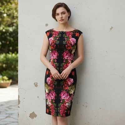 London Times Womens Dress 10 Black Floral Print Pencil Sheath Cocktail Event - Image 1 of 4