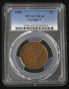 1856 XF-45 UPRIGHT 5 BRAIDED HAIR CENT - PCGS GRADED - SEE PICTURES - Picture 1 of 2