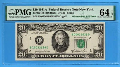 1981-A $20 DOLLAR BILL CHOICE Fr.2074-B BD Block PMG 64EPQ MISMATCHED S/N ERROR - Image 1 of 2