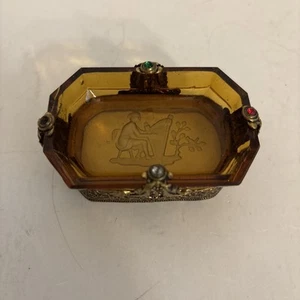 Vtg Chech Bohemian Intaglio Glass Brass & Jewel Open Salt Cellar Amber - Picture 1 of 7