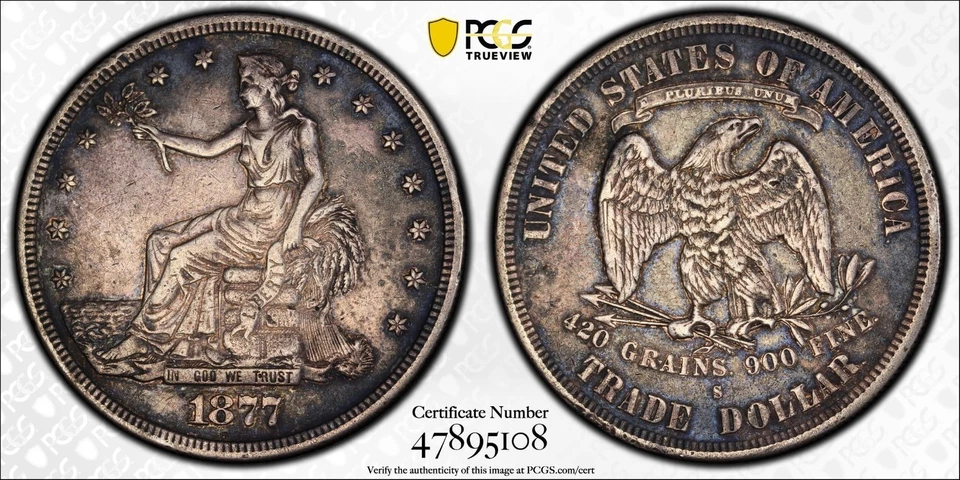 Trade Dollar 1877 S - Dettagli PCGS XF. Bella moneta d'argento USA. - Immagine 1 di 4