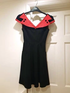 Hell Bunny Vixen Swing Skater Dress With Pockets Buttons Black Red Stretchy XS - Picture 1 of 16