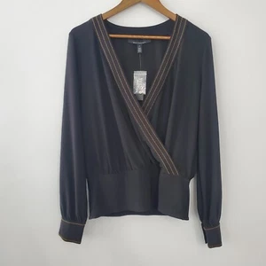White House Black Market Womens Black Contrast Stitch Surplice Blouse Size M NWT - Picture 1 of 9