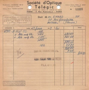 1938 SOCIETE D OPTIQUE TELEGIC A PARIS - M EMARD A POITIERS - Picture 1 of 1