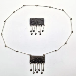 Scandinavian Vintage Brutalist Necklace & Brooch Set, Pewter, Textured Design - Picture 1 of 10