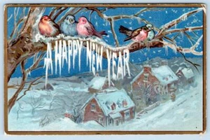 1908 EIN FROHES NEUES JAHR TROPFENDE BUCHSTABEN VÖGEL AUF EINEM AST GEPRÄGTE ANTIKE POSTKARTE - Bild 1 von 2