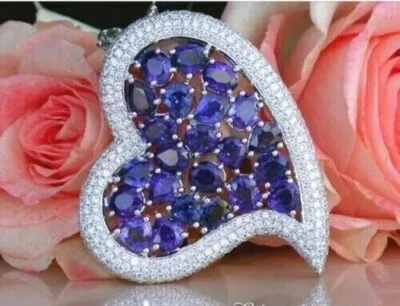 Dije colgante corazón tanzanita creado en laboratorio corte ovalado de 3 quilates acabado oro blanco de 14 quilates Foto 1 de 4