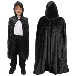 CHILDS BLACK VELOUR VELVET HOODED CAPE HALLOWEEN FANCY DRESS COSTUME VAMPIRE - Picture 1 of 6