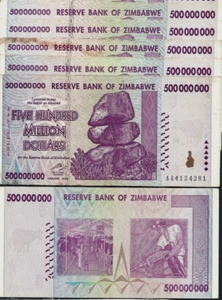 ZIMBABWE 500 Million X 5 PCS 1/20 Bundle AA 2008, P-82 Serie 50/100 Trillion Cir - Picture 1 of 2