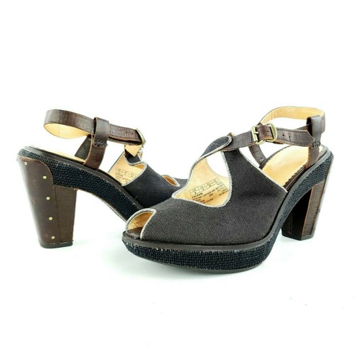 Timberland Marge 8 39 Wood Canvas Leather High Heel Peep Toe Sandal Black Brown