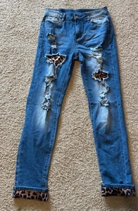 Worn Once Distressed Ripped Leopard Animal Print Patch Skinny Jeans size Small S - Picture 1 of 2