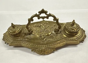 VTG. SOLID BRASS VICTORIAN-STYLE MID-CENTURY DOUBLE INKWELL WITH HINGED LIDS - Picture 1 of 7