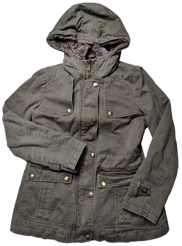 Giacca utility MICHAEL KORS donna piccola verde militare cappuccio pelliccia sintetica trapuntata foderata