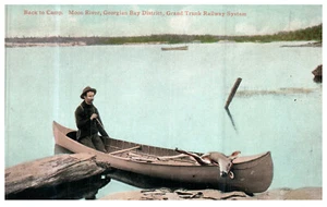 Deer Hunter Canoe Dead Deer Moon River Ontario Canada c 1910 Antique Postcard - Picture 1 of 3