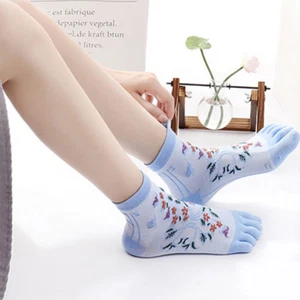 5 Pair Lady Crew Socks Five Finger Toe Hosiery Jacquard Floral Breathable Ethnic - Picture 1 of 14