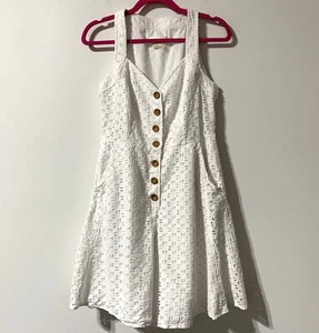 Anthropologie Women’s Eyelet Romper White Button Front Size 8 Missing Belt - Picture 1 of 14
