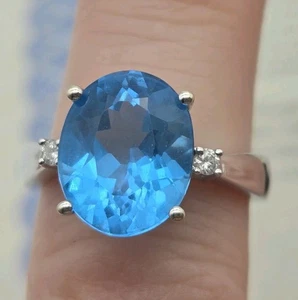 Swiss Blue Topaz & Diamond 14K White Gold Ring Size 7 Fairy Anniversary Gift - Picture 1 of 18