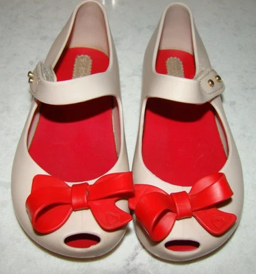 Mini Sapatos Peep Toe Melissa Meninas Tamanho 9 Ultra Girl Bow Creme Vermelho Mary Jane - Imagem 1 de 4