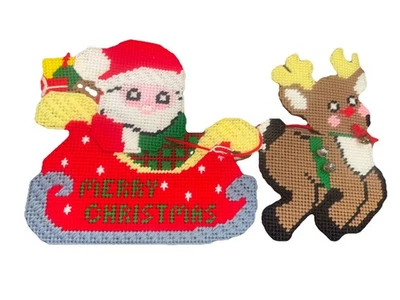 Vintage Plastic Yarn Knit Santa Sleigh with Reindeer Canvas - Image 1 of 4