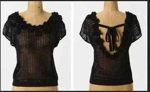 KNITTED & KNOTTED PUA crochet black boho floral accent ANTHROPOLOGIE top M - Picture 1 of 9