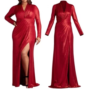 NEW Tadashi Shoji Metallic Long Sleeve Evening Gown Deep Red Women Size XXL - Picture 1 of 14
