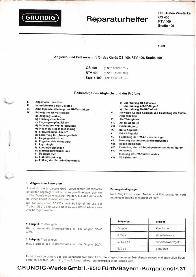 Guía manual de servicio para Grundig CS 400, RTV 400, Studio 400 Foto 1 de 1