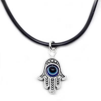 Collana Mano di Fatima Occhio di allah Turco Argento tipo caucciu da Uomo Donna - Immagine 1 di 4