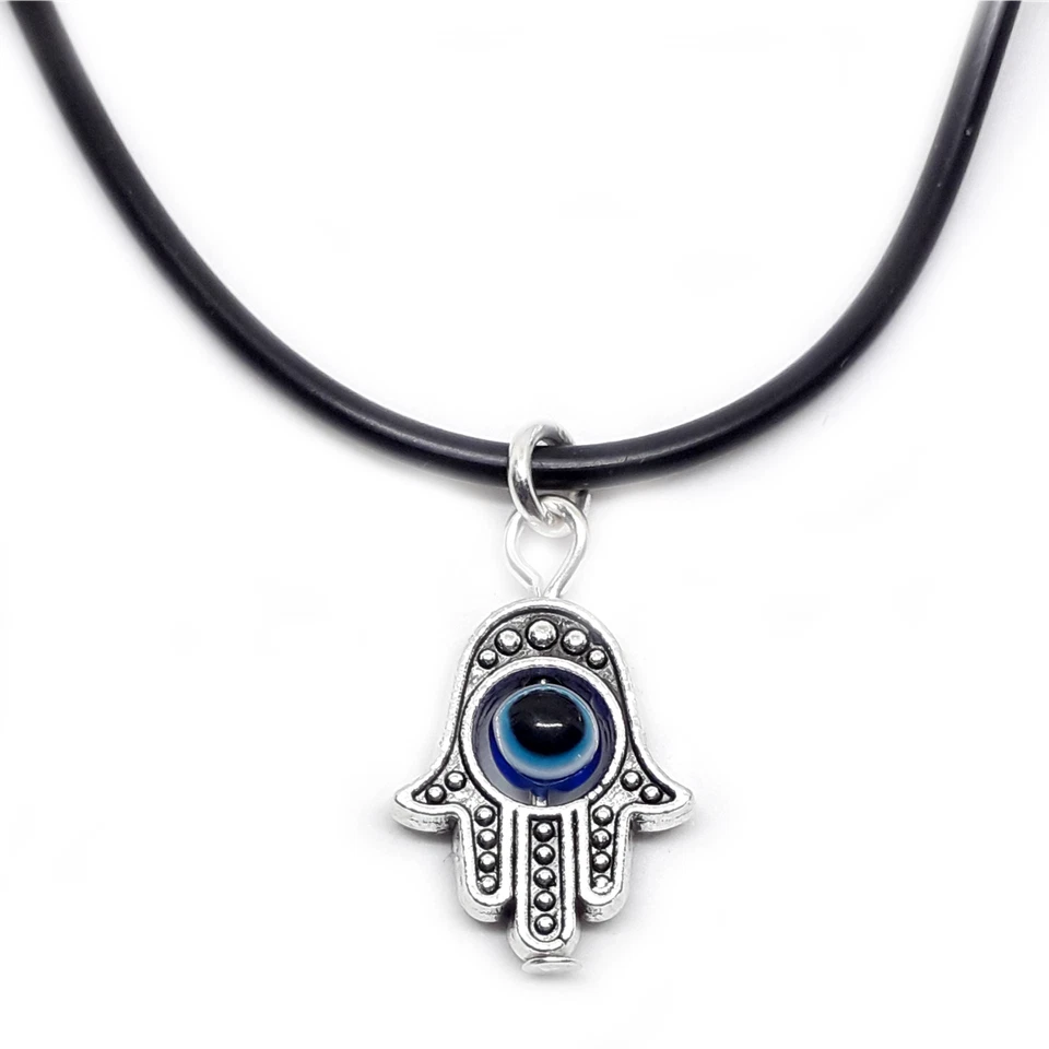 Collana Mano di Fatima Occhio di allah Turco Argento tipo caucciu da Uomo Donna - Immagine 1 di 4