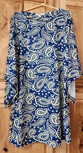 Aryeh blue yellow white Paisley Stretch Bell Flare Sleeve Dress large  - Picture 1 of 6